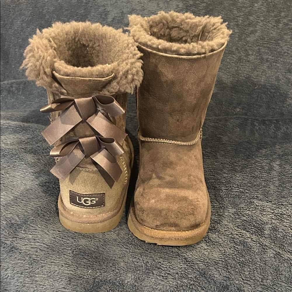 UGG Tan Shearling Boots with Ribbon Accents